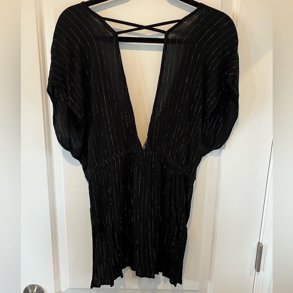 💜 Xhilaration - Black & Metallic Gold Swim Beach Coverup Dress - Deep V - Small - Picture 4 of 8